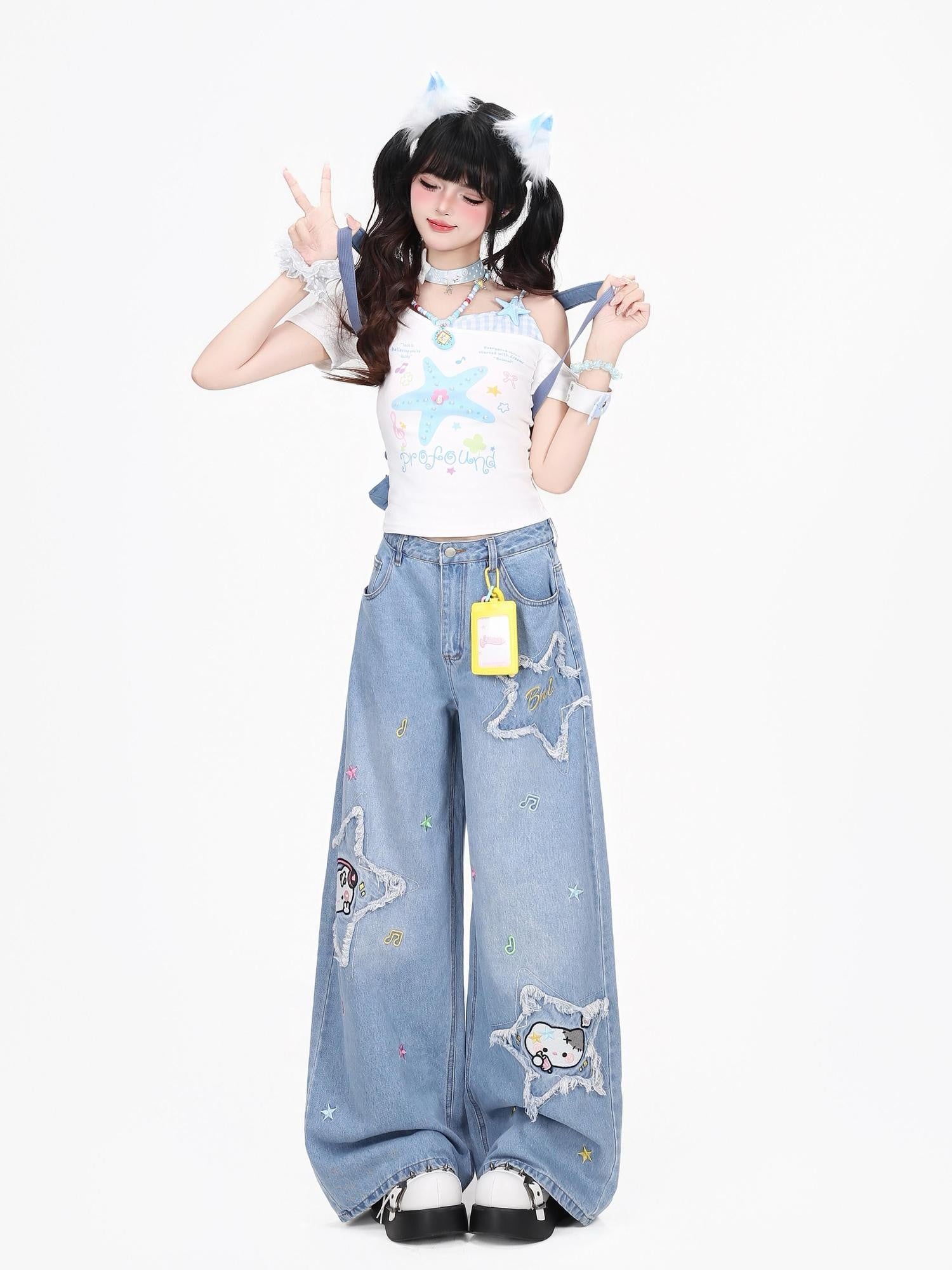 CRAZYGIRL Cartoon Cat Star Machine Embroidered Frayed High Waist Women's Wide-leg Jeans