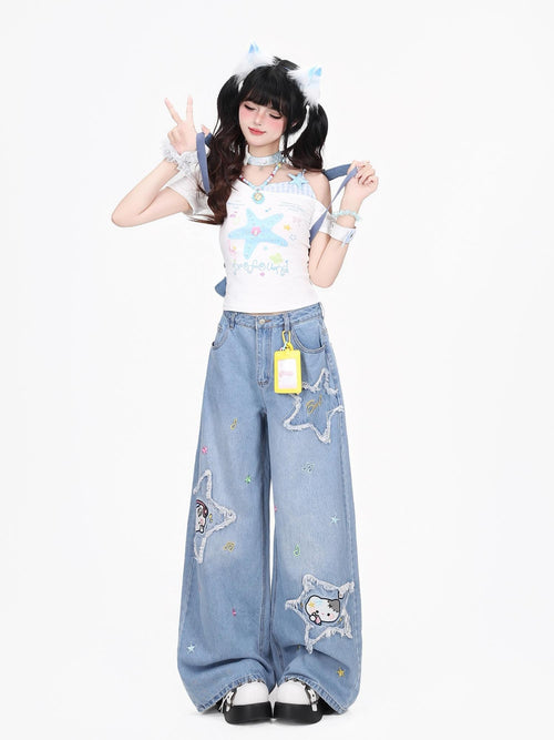 CRAZYGIRL Cartoon Cat Star Machine Embroidered Frayed High Waist Women's Wide-leg Jeans