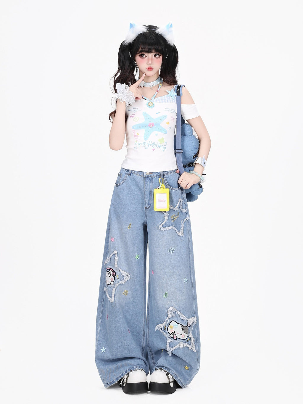 CRAZYGIRL Cartoon Cat Star Machine Embroidered Frayed High Waist Women's Wide-leg Jeans