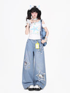 CRAZYGIRL Cartoon Cat Star Machine Embroidered Frayed High Waist Women's Wide-leg Jeans