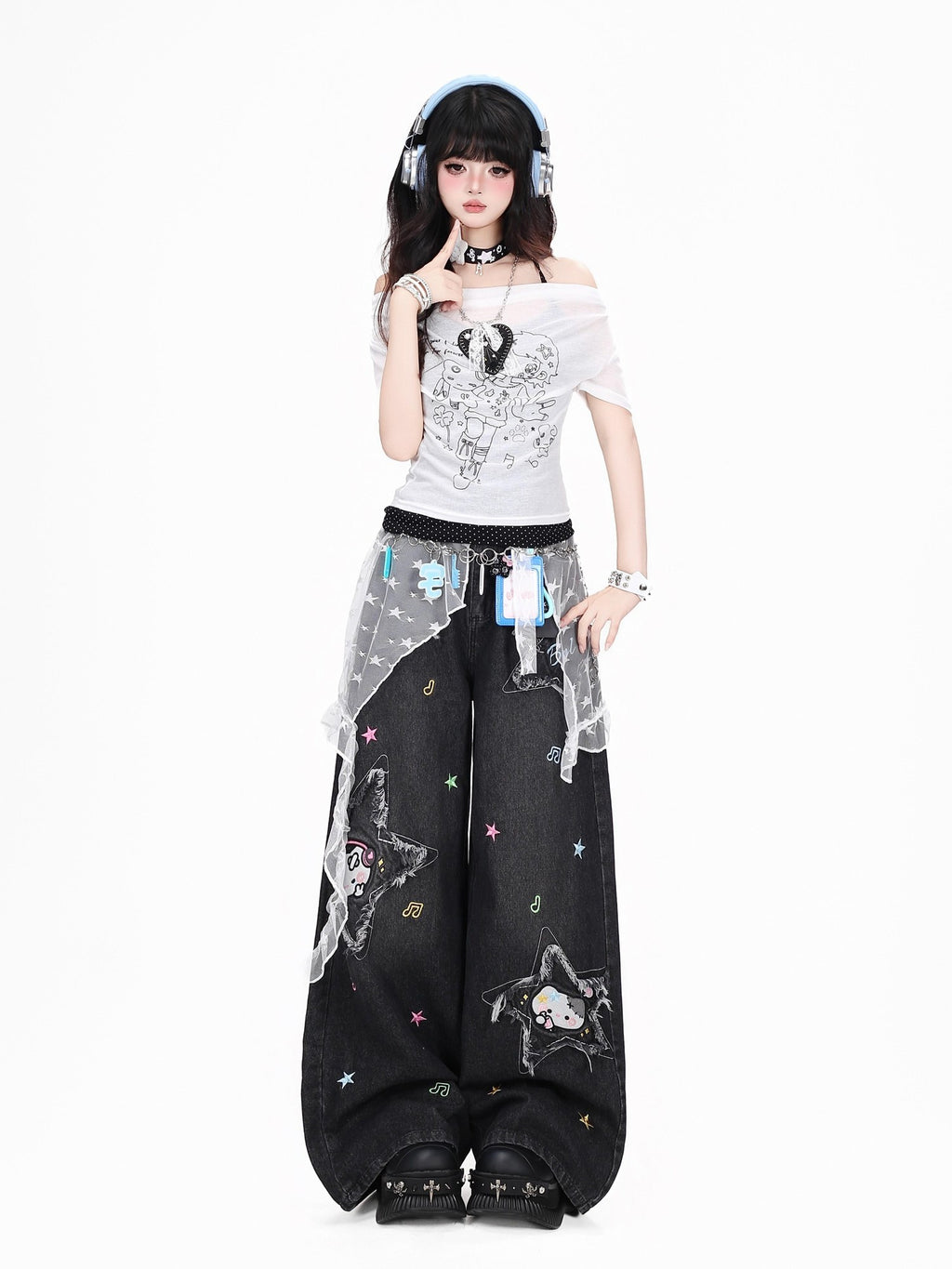 CRAZYGIRL Cartoon Cat Star Machine Embroidered Frayed High Waist Women's Wide-leg Jeans