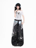 CRAZYGIRL Cartoon Cat Star Machine Embroidered Frayed High Waist Women's Wide-leg Jeans