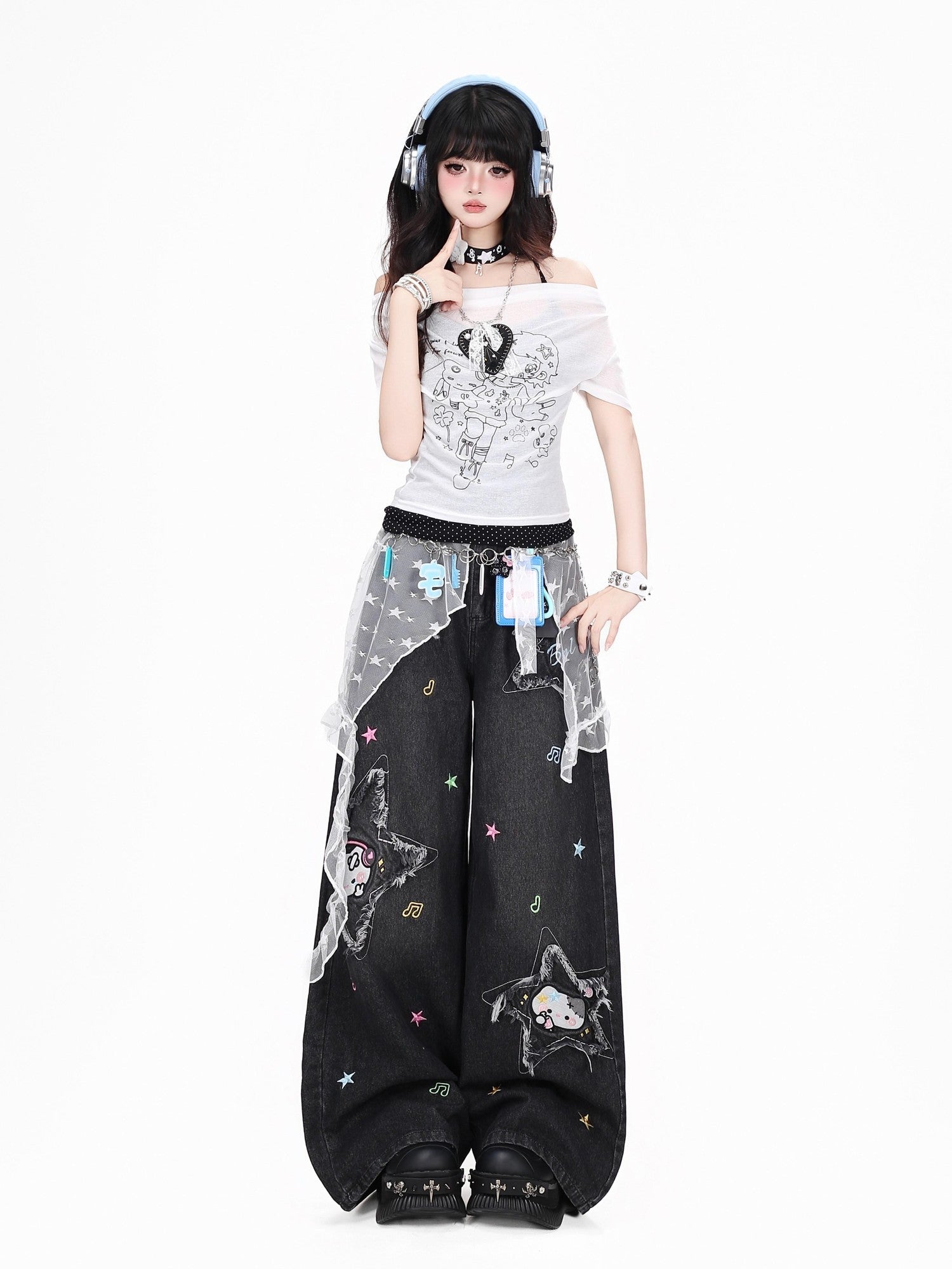 CRAZYGIRL Cartoon Cat Star Machine Embroidered Frayed High Waist Women's Wide-leg Jeans