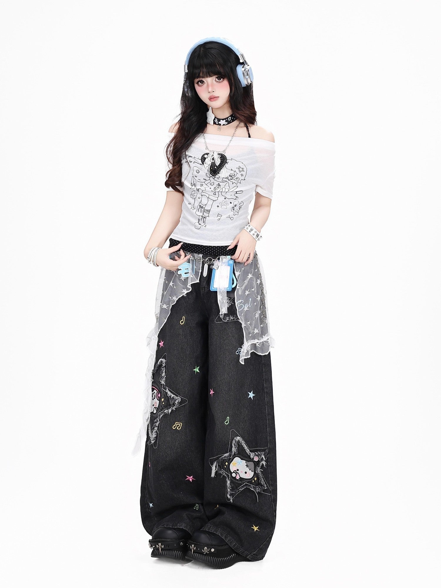 CRAZYGIRL Cartoon Cat Star Machine Embroidered Frayed High Waist Women's Wide-leg Jeans