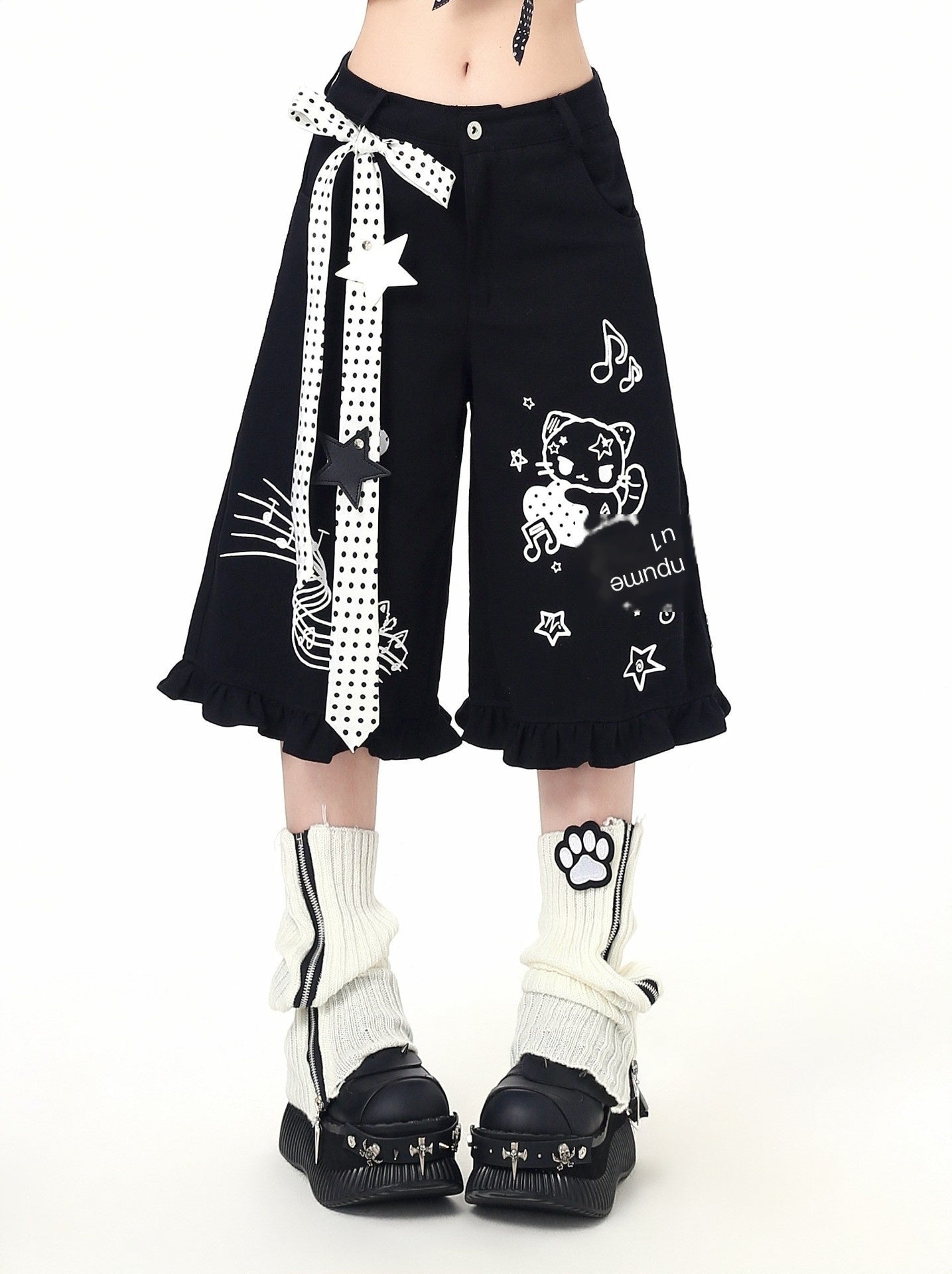 CRAZYGIRL_Cartoon_Graffiti_Polka_Dot_Lace_Trim_Belted_Button_Women's_Wide-leg_Pants_1037051320188_MISSTT