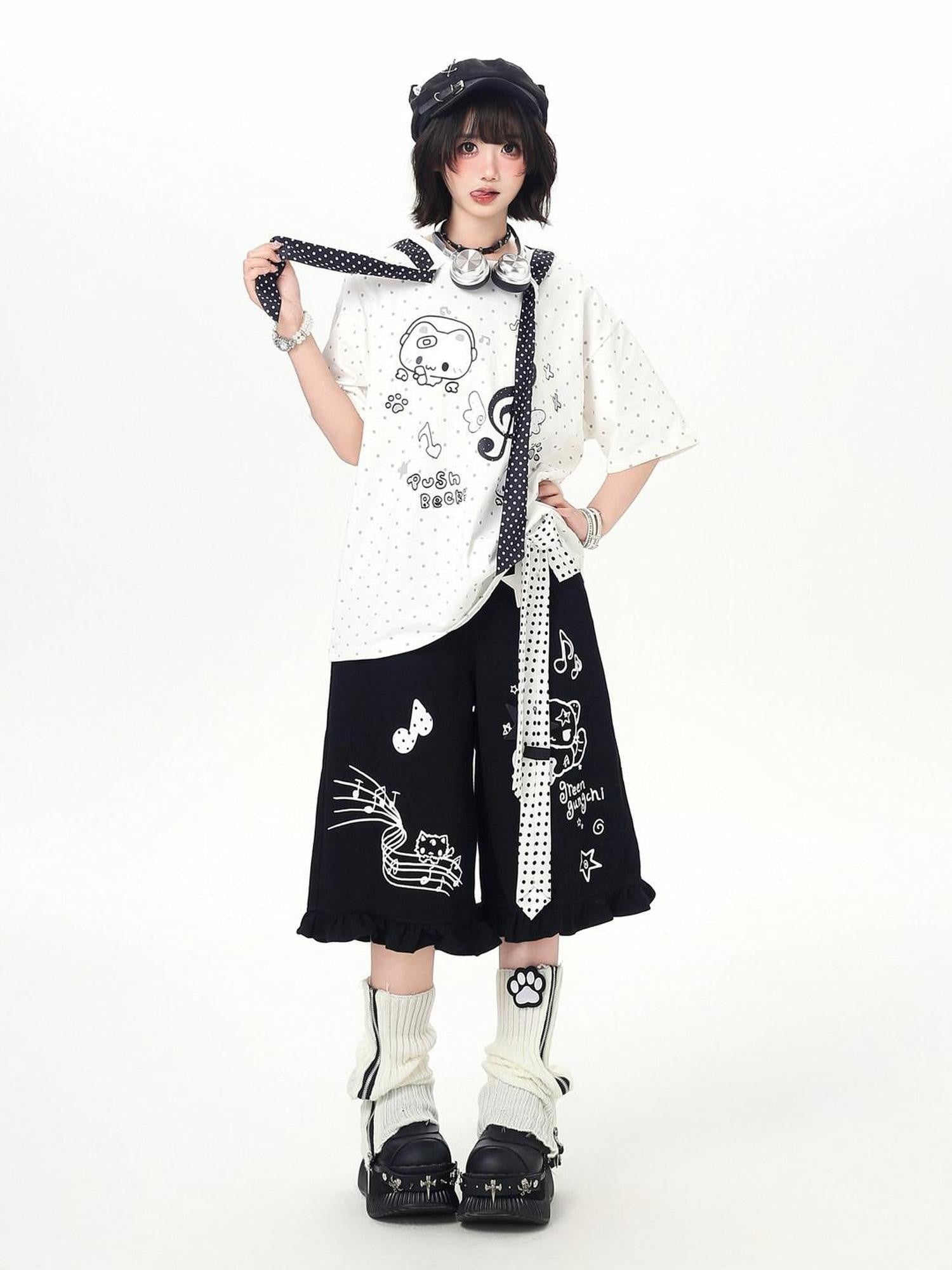 CRAZYGIRL Cartoon Graffiti Polka Dot Lace Trim Belted Button Women's Wide-leg Pants