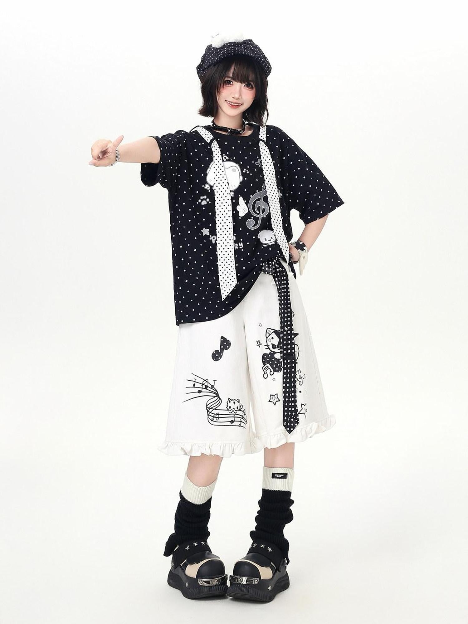 CRAZYGIRL Cartoon Graffiti Polka Dot Lace Trim Belted Button Women's Wide-leg Pants