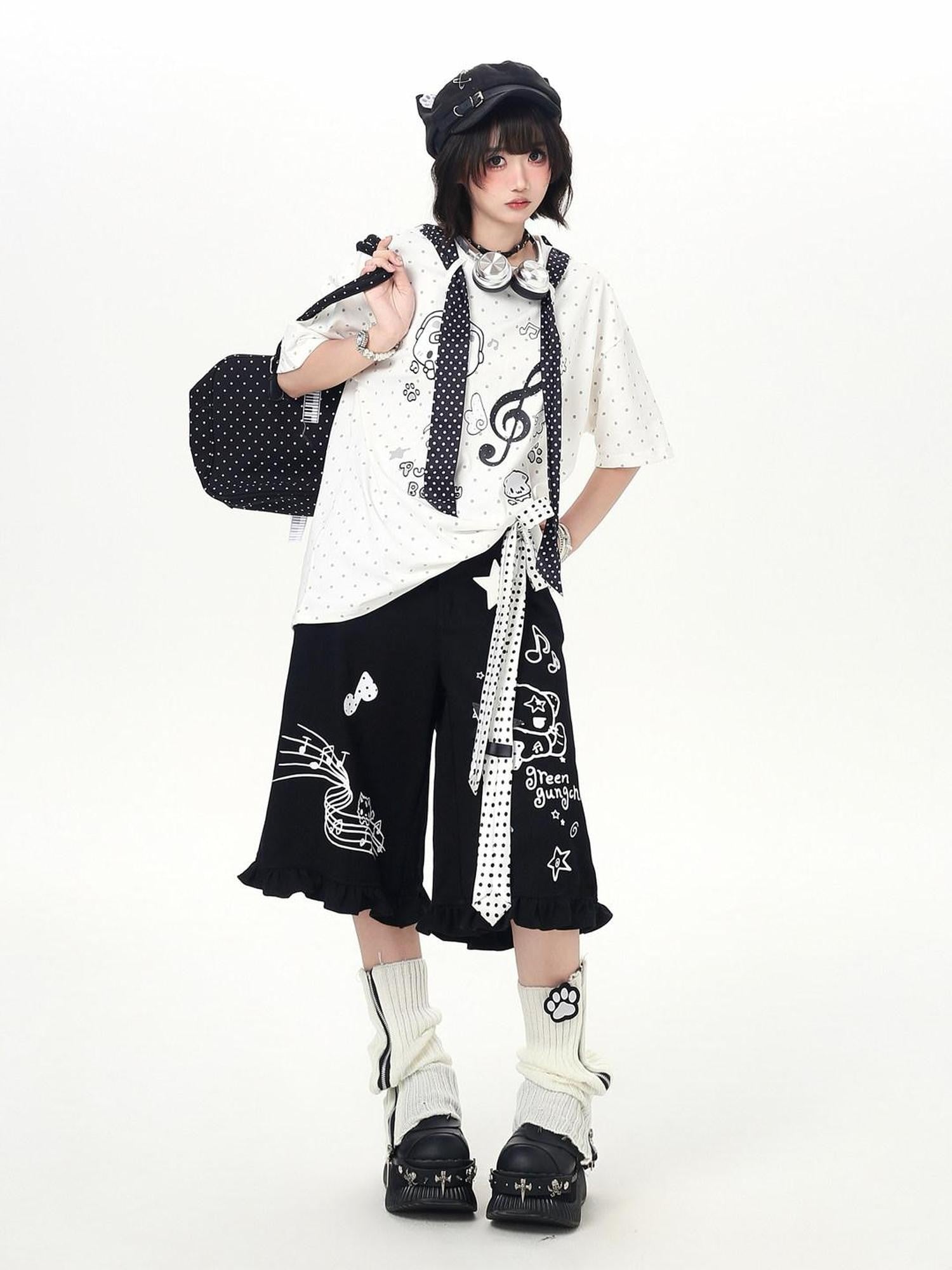 CRAZYGIRL Cartoon Graffiti Polka Dot Lace Trim Belted Button Women's Wide-leg Pants
