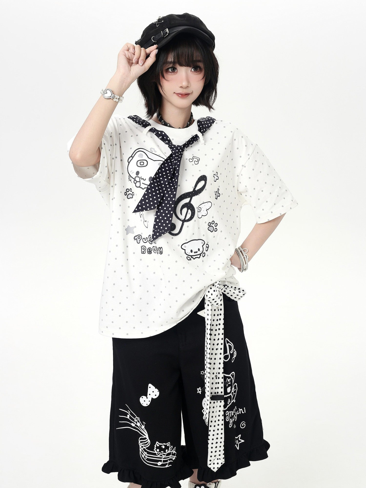 CRAZYGIRL Cartoon Graffiti Polka Dot Lace Trim Belted Button Women's Wide-leg Pants