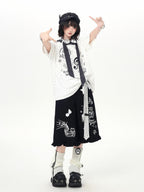 CRAZYGIRL Cartoon Graffiti Polka Dot Lace Trim Belted Button Women's Wide-leg Pants