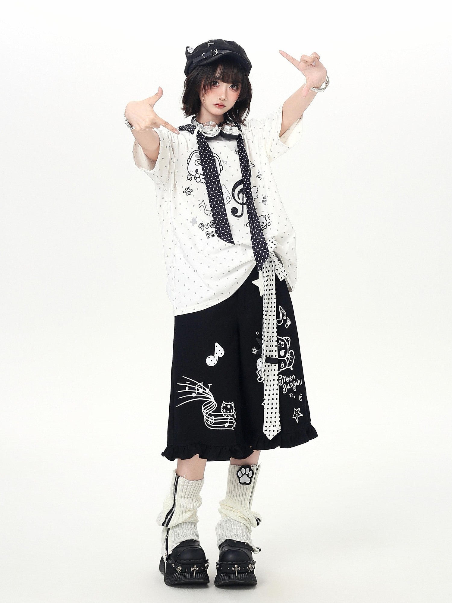 CRAZYGIRL Cartoon Graffiti Polka Dot Lace Trim Belted Button Women's Wide-leg Pants