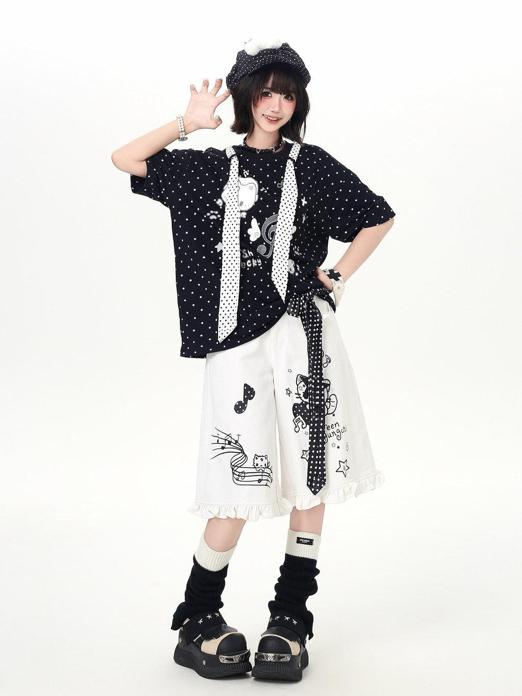 CRAZYGIRL Cartoon Graffiti Polka Dot Lace Trim Belted Button Women's Wide-leg Pants