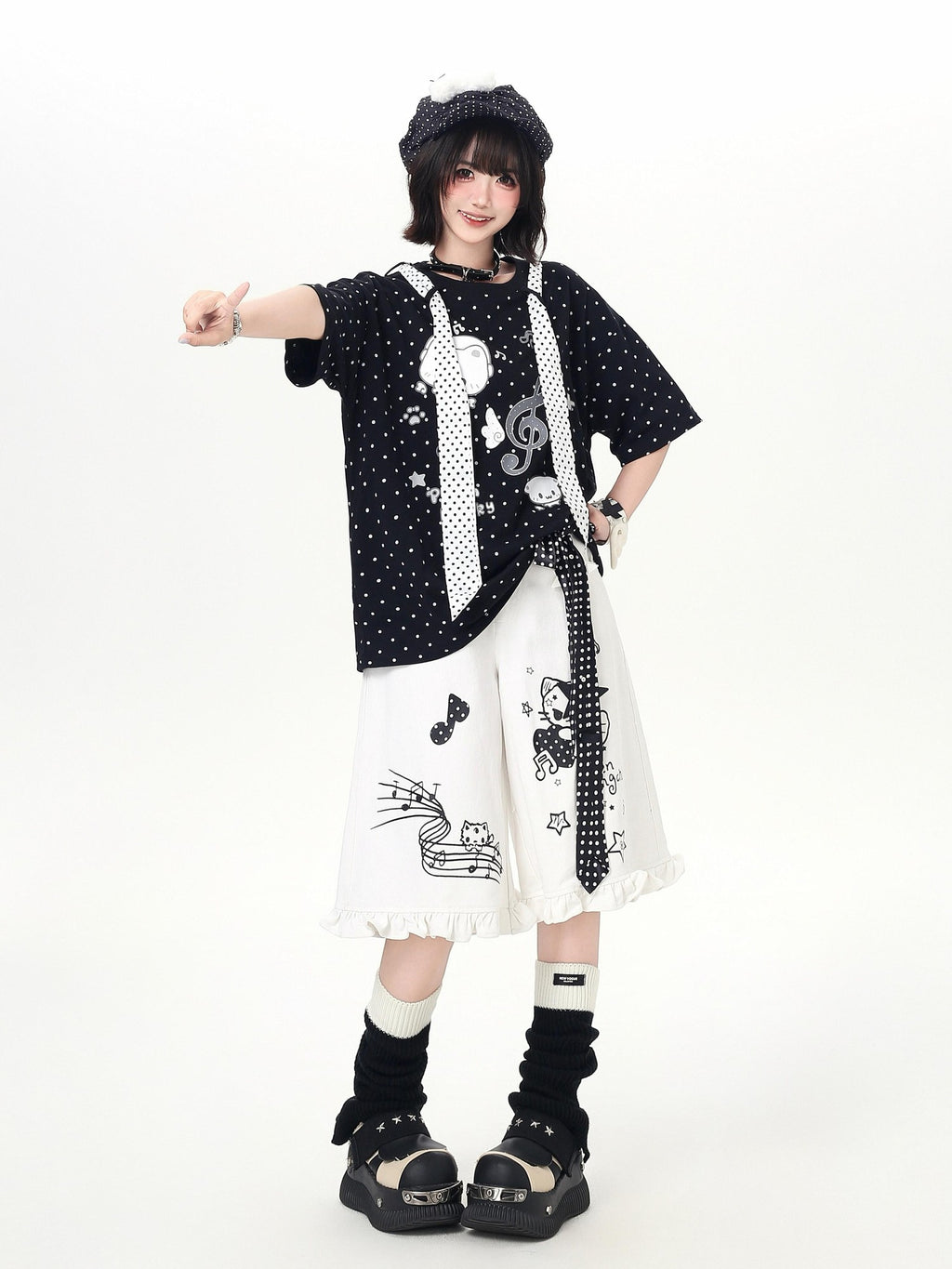 CRAZYGIRL Cartoon Graffiti Polka Dot Lace Trim Belted Button Women's Wide-leg Pants