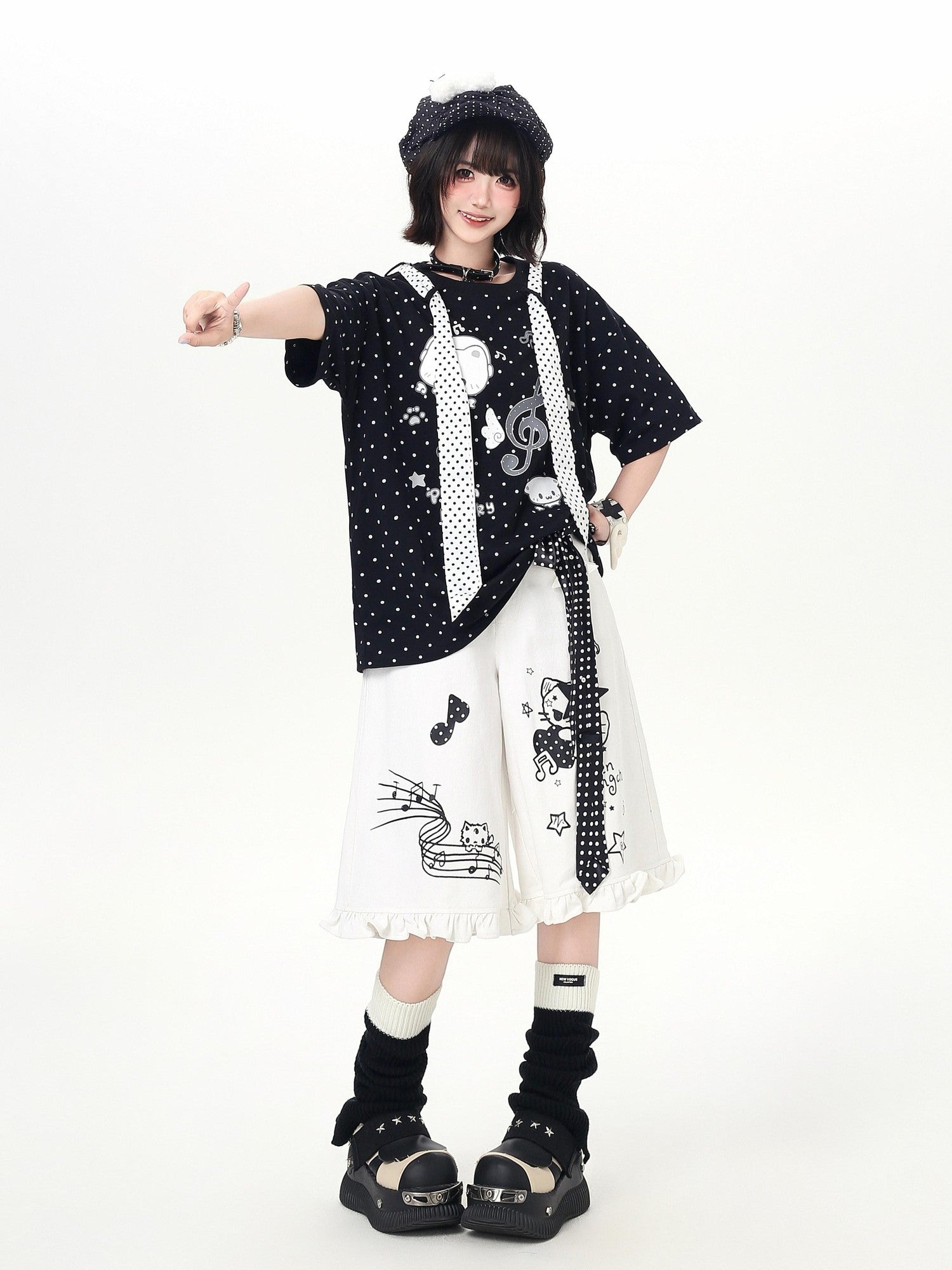 CRAZYGIRL Cartoon Graffiti Polka Dot Lace Trim Belted Button Women's Wide-leg Pants