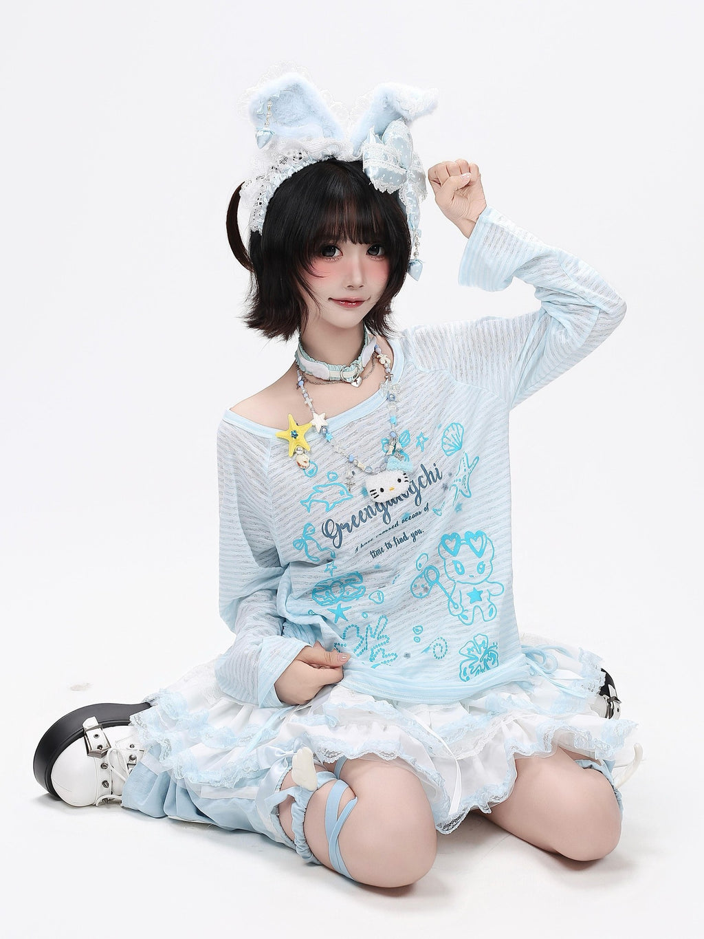 CRAZYGIRL Cartoon Starfish Shell Print Women's Breathable Slim Long Sleeve T-shirts
