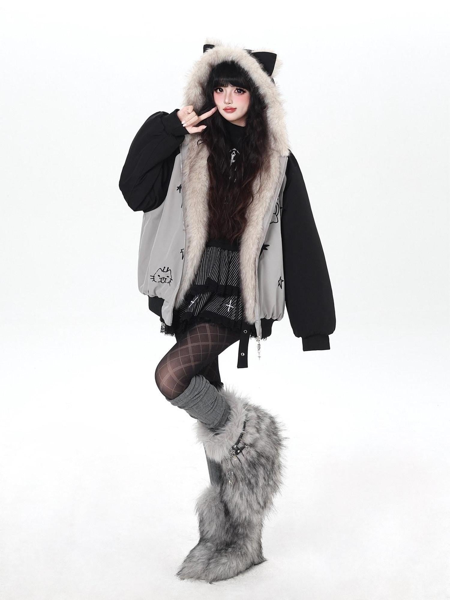 CRAZYGIRL Cat Ear Embroidered Hooded Women's Cotton Padded Puffer Jackets