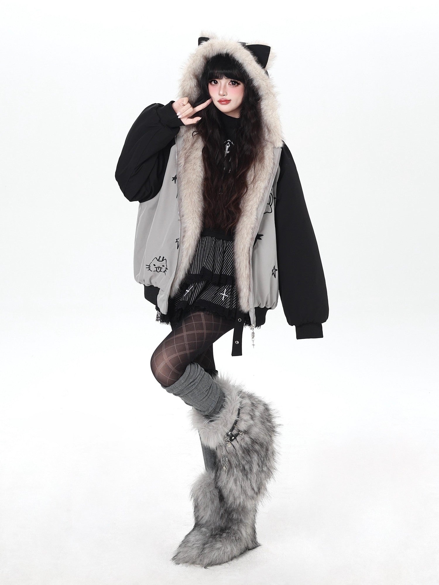CRAZYGIRL Cat Ear Embroidered Hooded Women's Cotton Padded Puffer Jackets