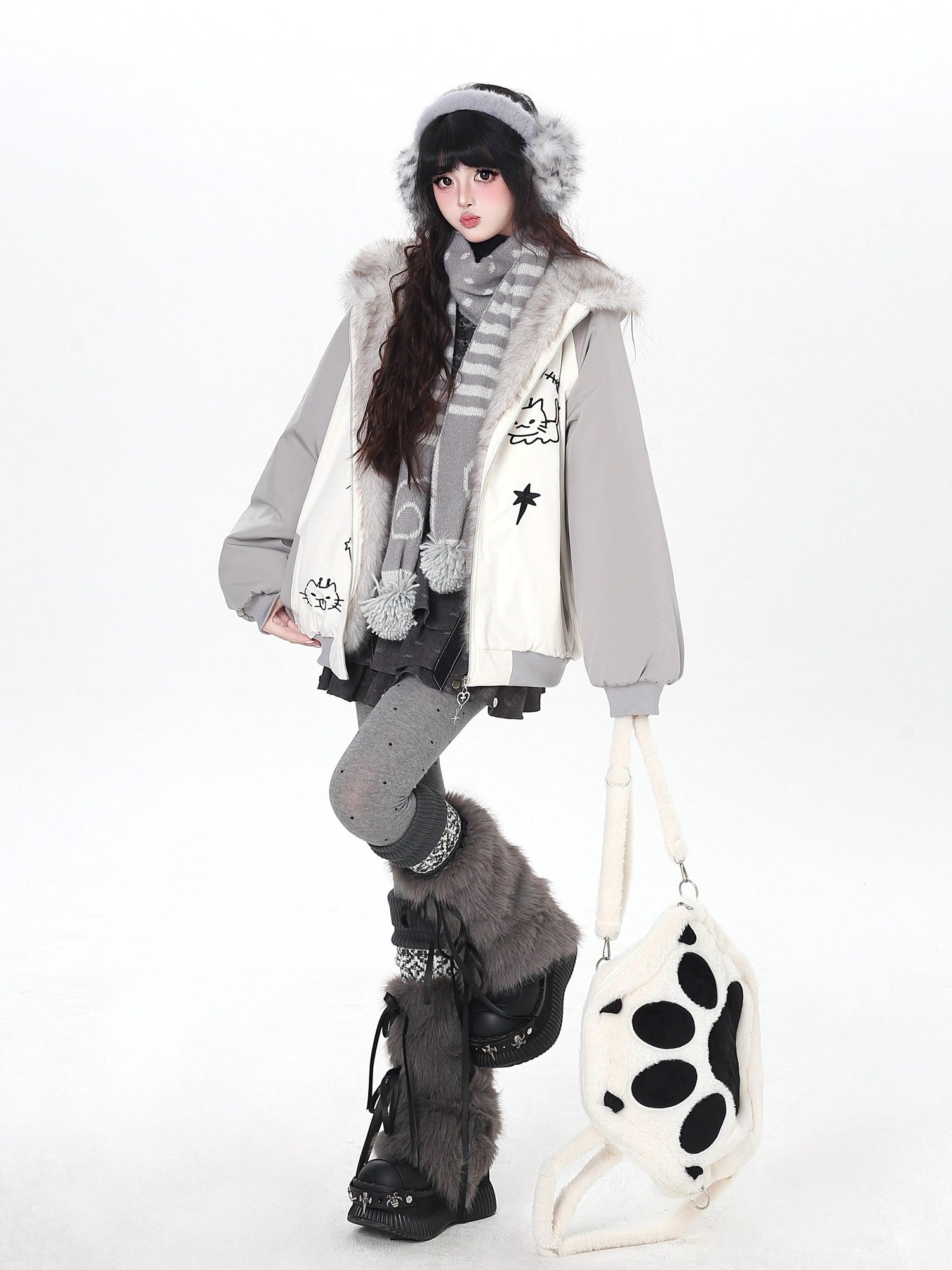 CRAZYGIRL Cat Ear Embroidered Hooded Women's Cotton Padded Puffer Jackets