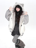 CRAZYGIRL Cat Ear Embroidered Hooded Women's Cotton Padded Puffer Jackets