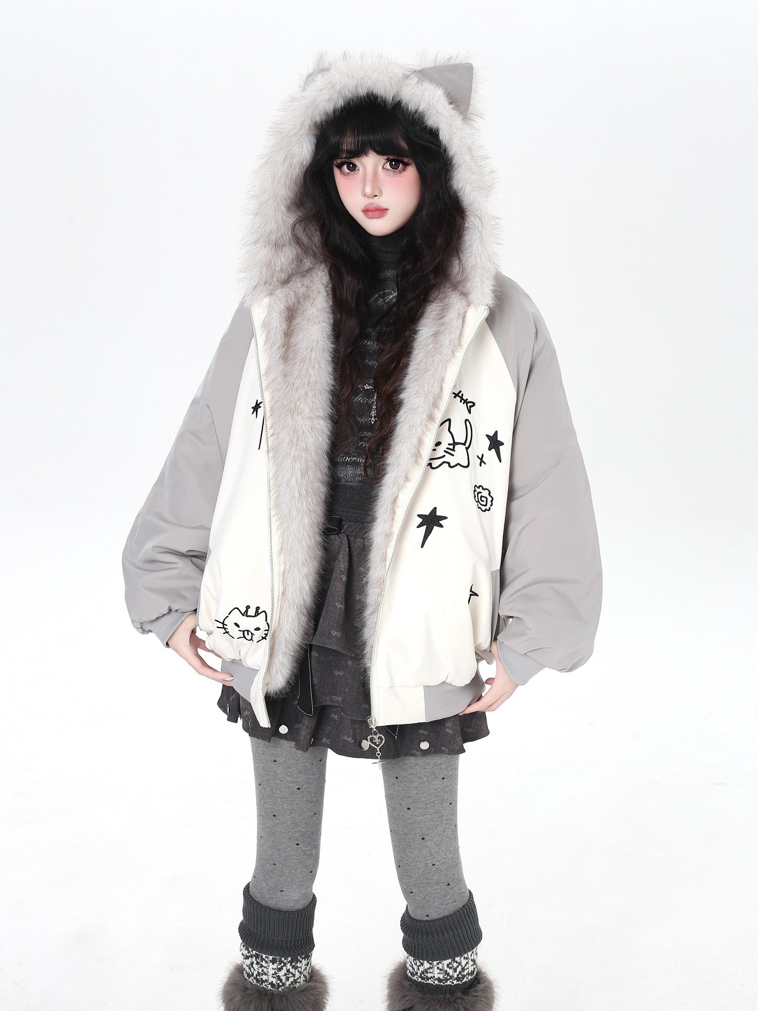 CRAZYGIRL Cat Ear Embroidered Hooded Women's Cotton Padded Puffer Jackets