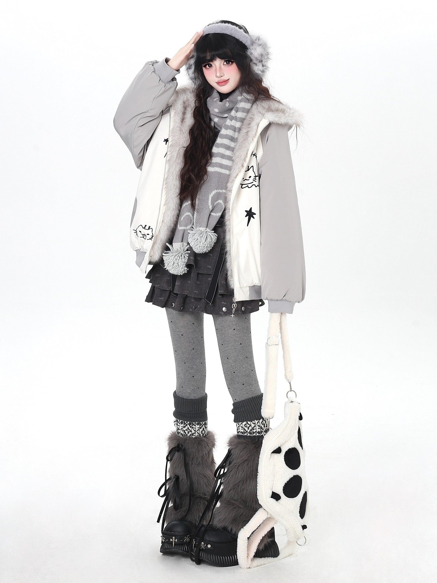 CRAZYGIRL Cat Ear Embroidered Hooded Women's Cotton Padded Puffer Jackets