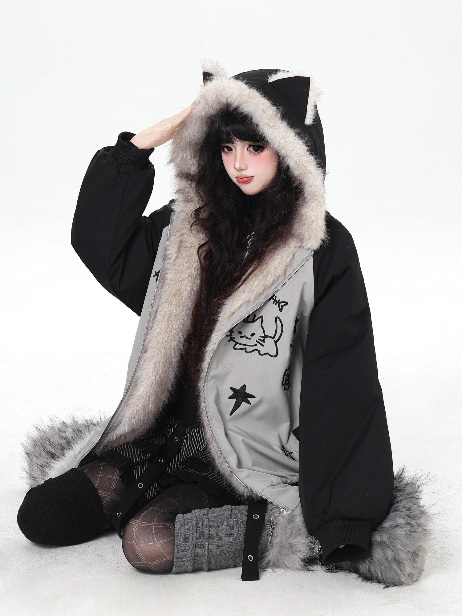 CRAZYGIRL Cat Ear Embroidered Hooded Women's Cotton Padded Puffer Jackets