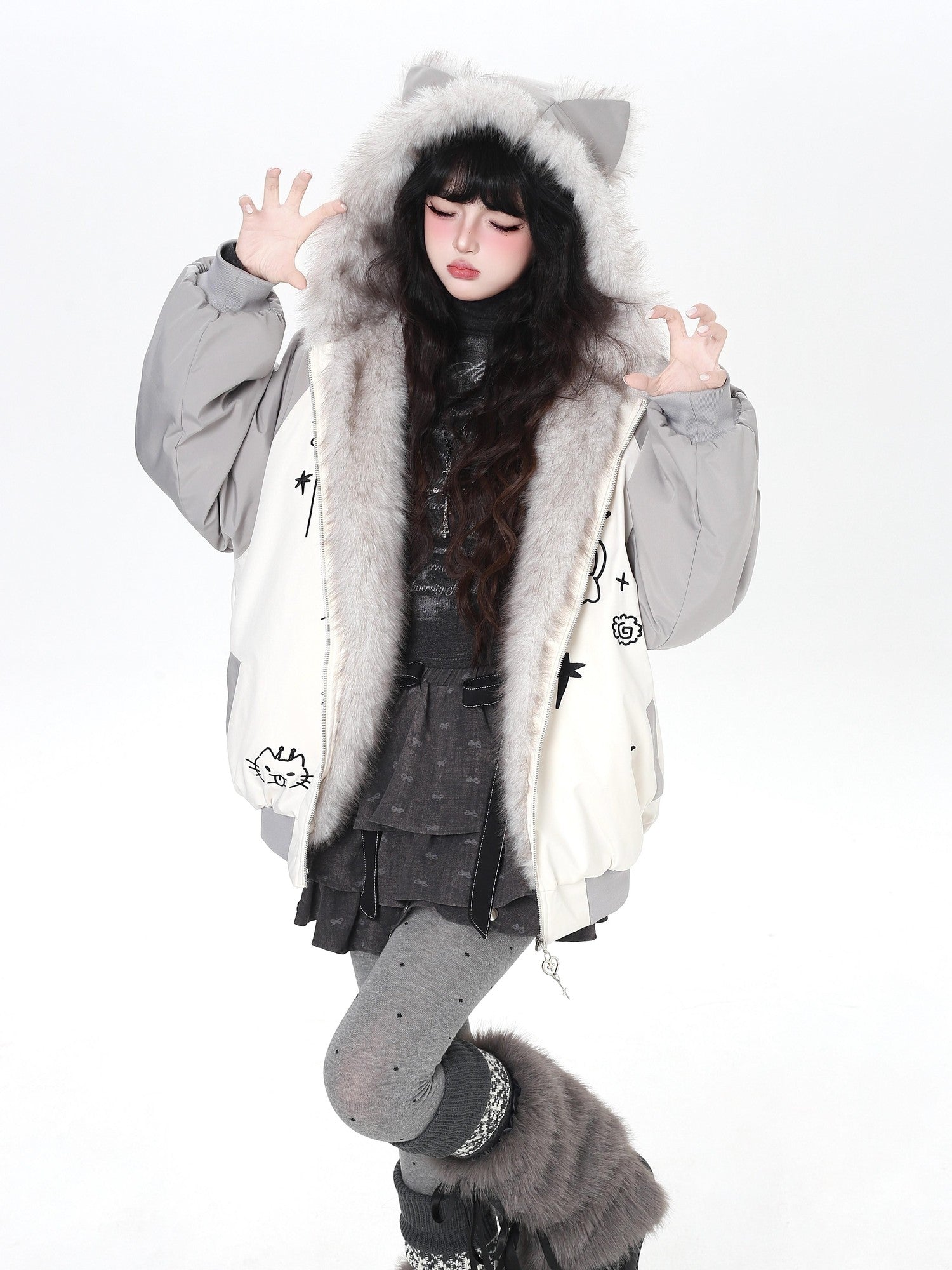 CRAZYGIRL Cat Ear Embroidered Hooded Women's Cotton Padded Puffer Jackets