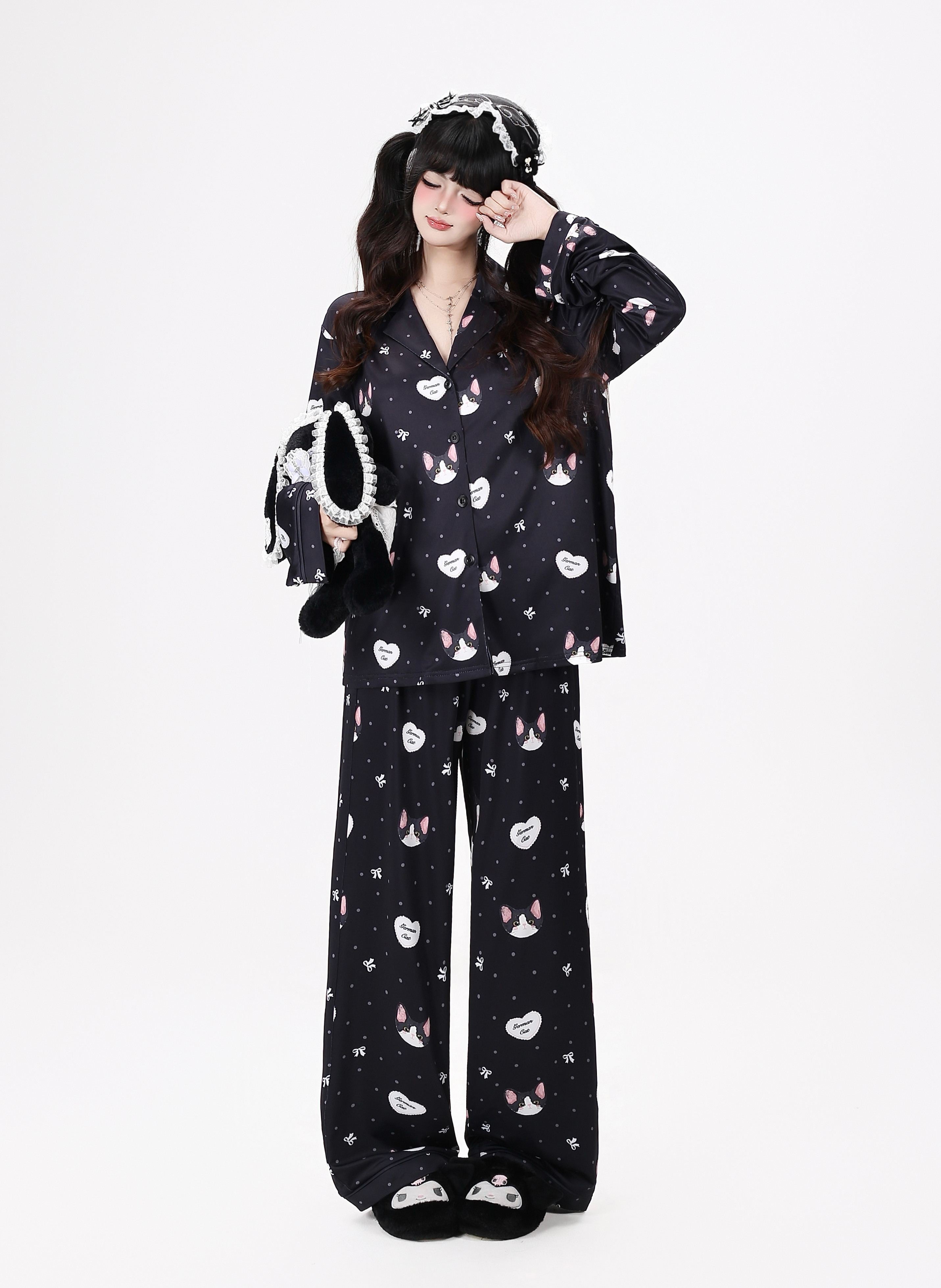 CRAZYGIRL_Cat_Print_Lapel_Short_Sleeve_Women's_Skin_Friendly_Fabric_Top_&_Shorts_Sets_1063192980006_MISSTT