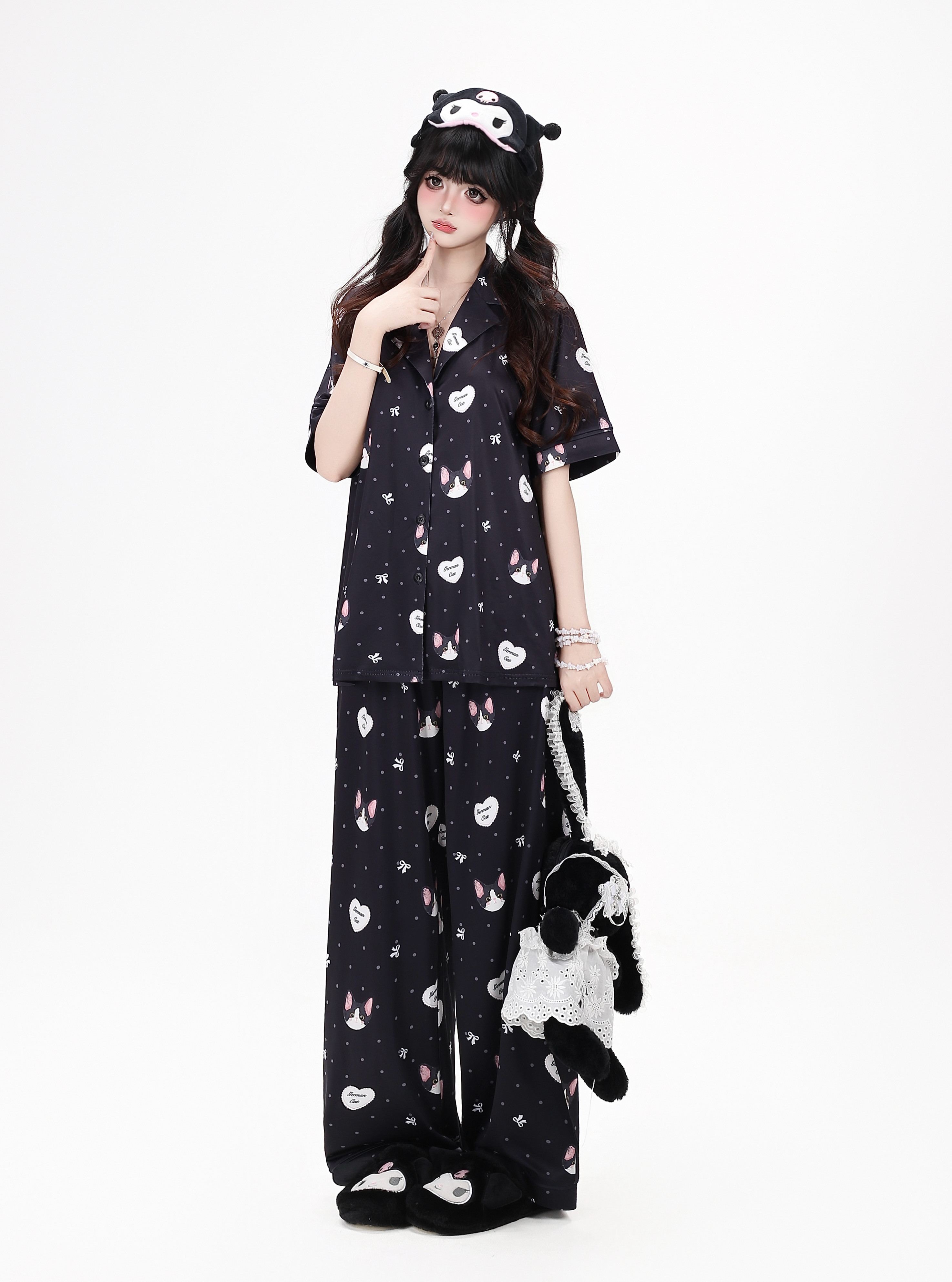CRAZYGIRL_Cat_Print_Lapel_Short_Sleeve_Women's_Skin_Friendly_Fabric_Top_&_Shorts_Sets_1063192980006_MISSTT