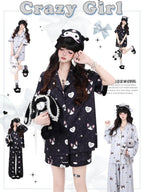 CRAZYGIRL Cat Print Lapel Short Sleeve Women's Skin Friendly Fabric Top & Shorts Sets