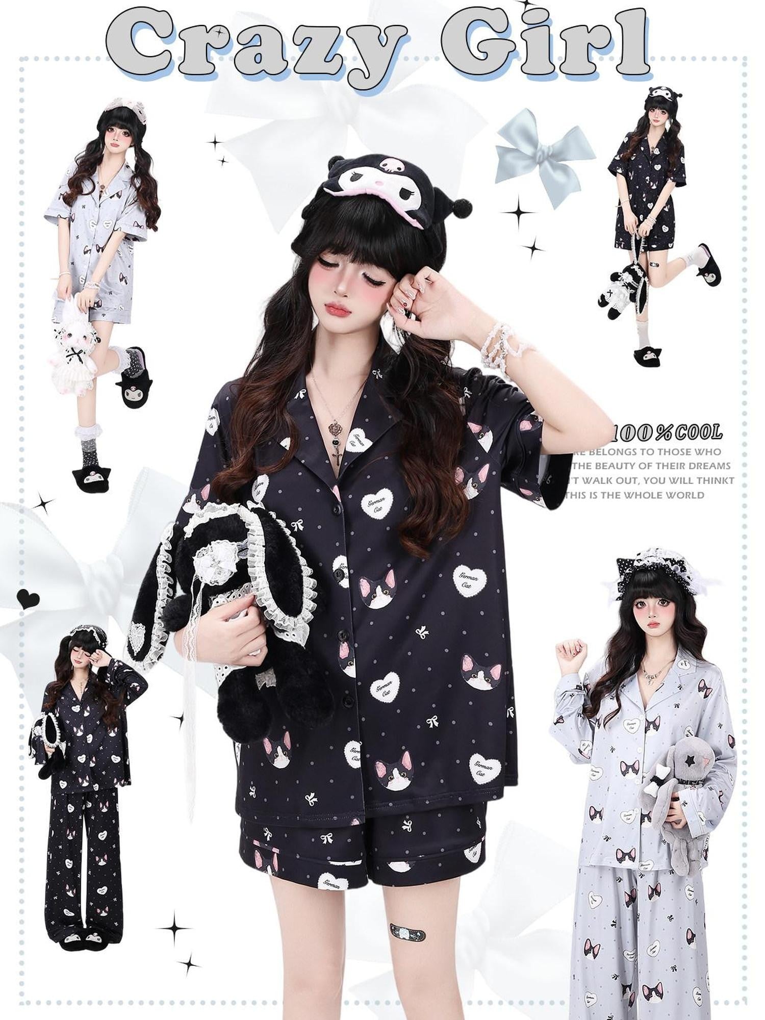 CRAZYGIRL Cat Print Lapel Short Sleeve Women's Skin Friendly Fabric Top & Shorts Sets