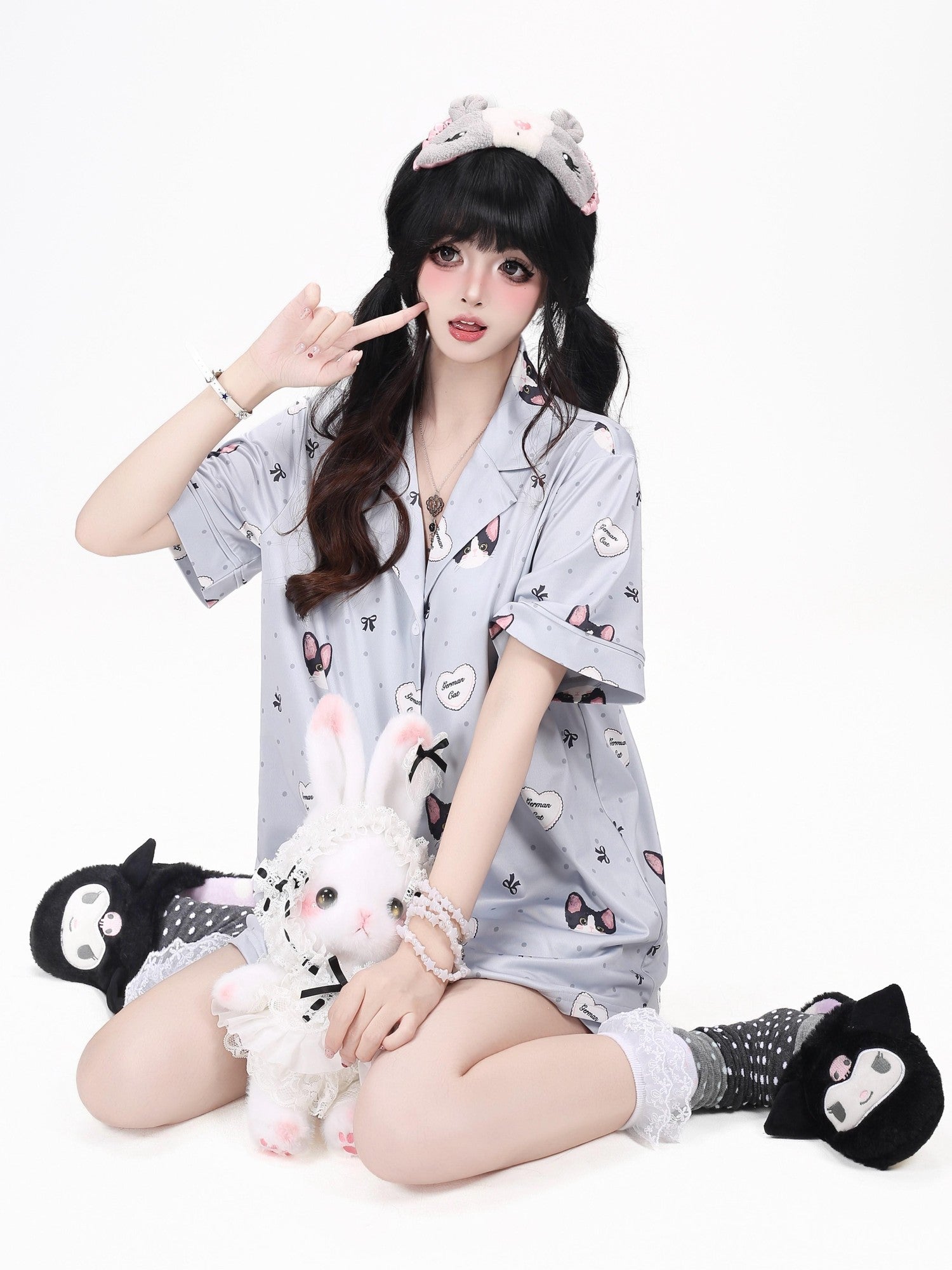 CRAZYGIRL Cat Print Lapel Short Sleeve Women's Skin Friendly Fabric Top & Shorts Sets