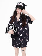 CRAZYGIRL Cat Print Lapel Short Sleeve Women's Skin Friendly Fabric Top & Shorts Sets