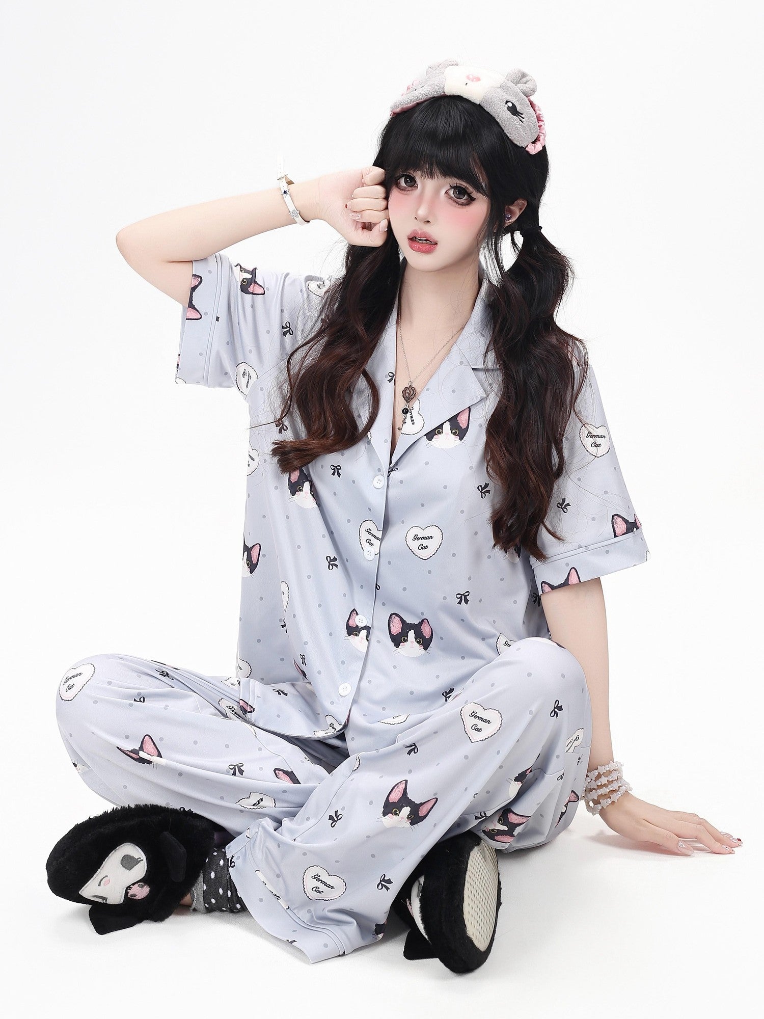 CRAZYGIRL Cat Print Lapel Short Sleeve Women's Skin Friendly Fabric Top & Shorts Sets
