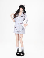 CRAZYGIRL Cat Print Lapel Short Sleeve Women's Skin Friendly Fabric Top & Shorts Sets