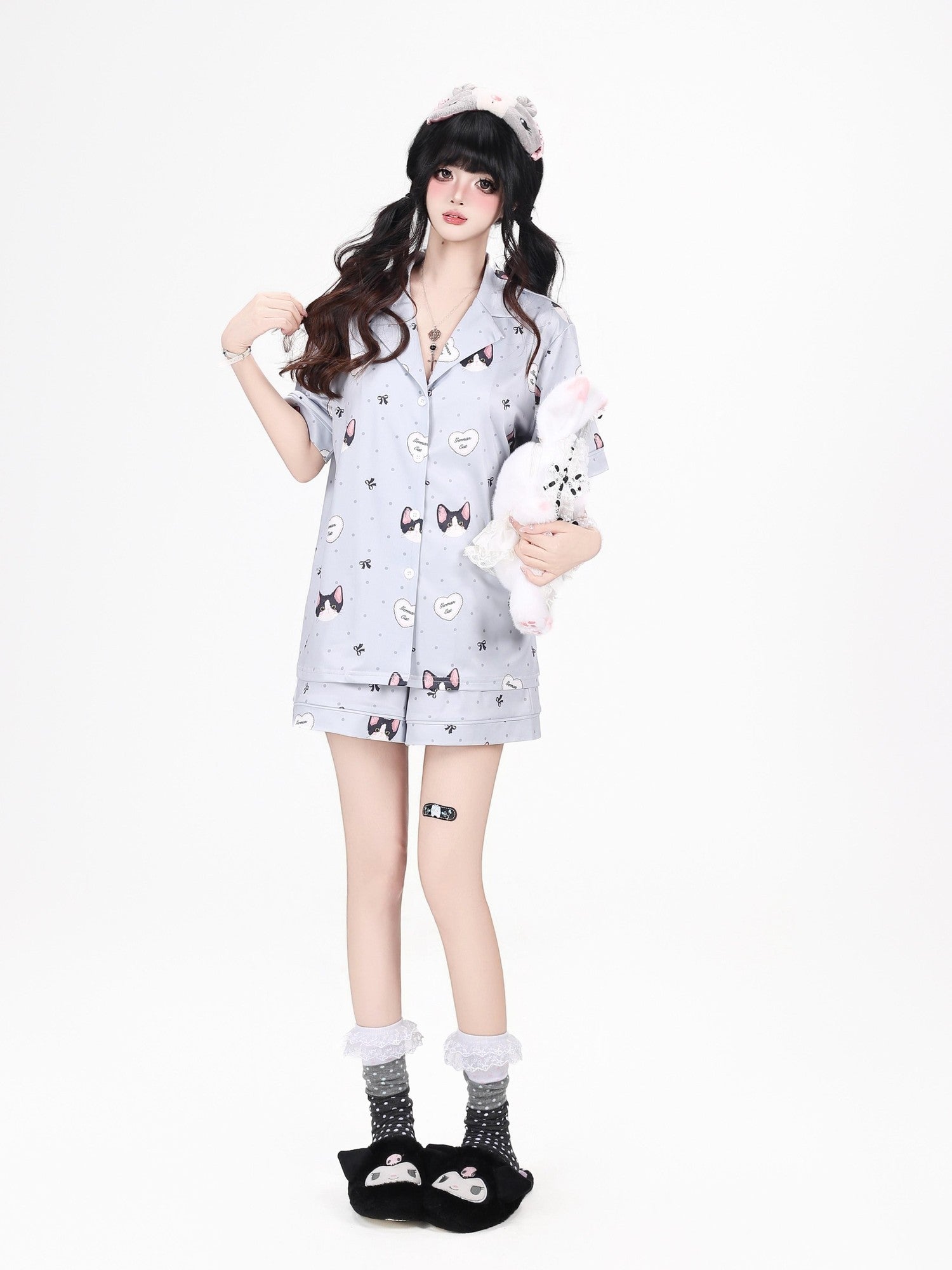 CRAZYGIRL Cat Print Lapel Short Sleeve Women's Skin Friendly Fabric Top & Shorts Sets