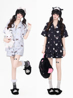 CRAZYGIRL Cat Print Lapel Short Sleeve Women's Skin Friendly Fabric Top & Shorts Sets