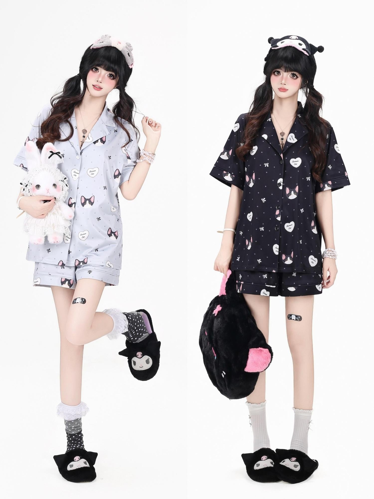 CRAZYGIRL Cat Print Lapel Short Sleeve Women's Skin Friendly Fabric Top & Shorts Sets