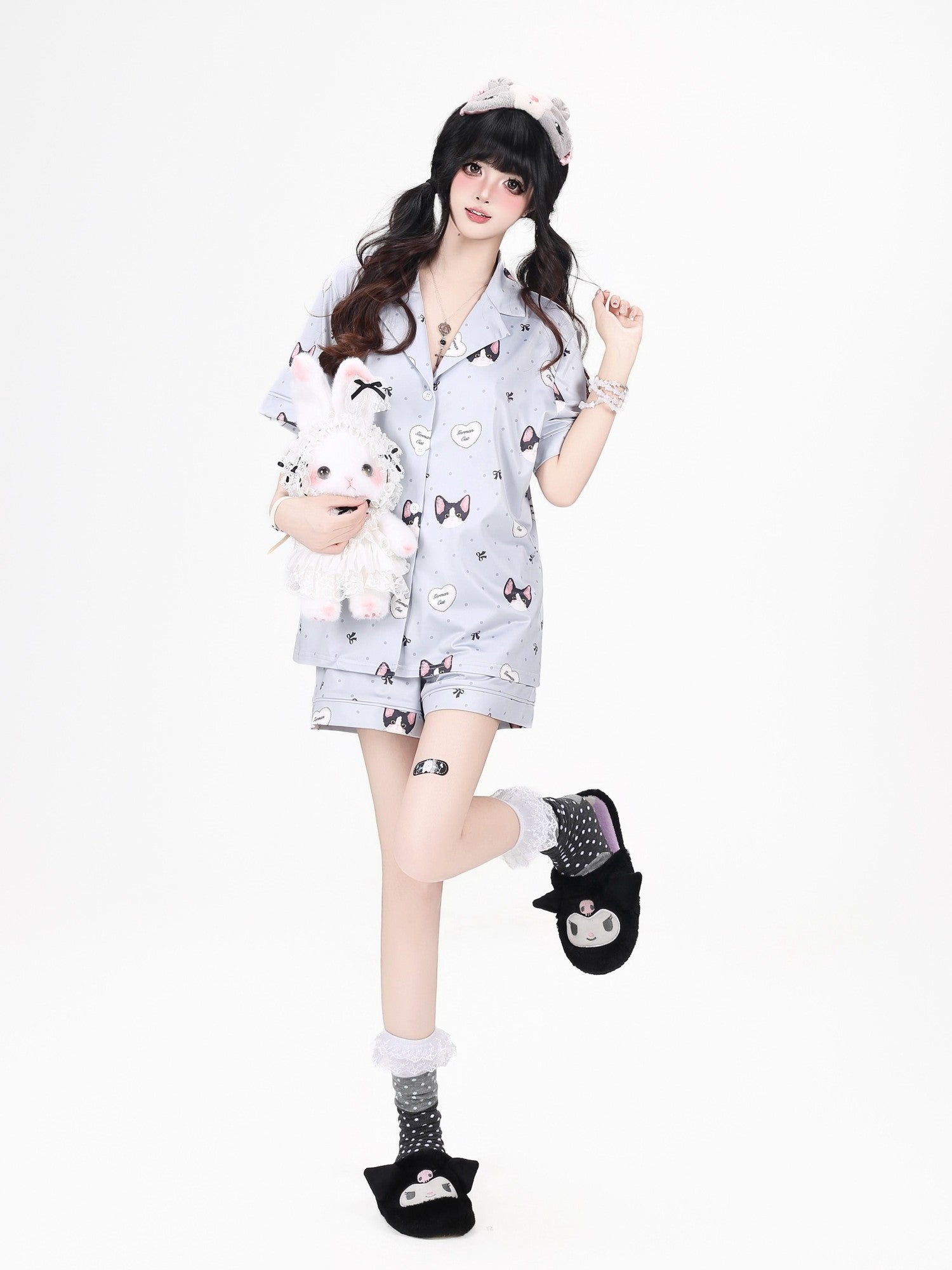 CRAZYGIRL Cat Print Lapel Short Sleeve Women's Skin Friendly Fabric Top & Shorts Sets