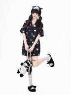 CRAZYGIRL Cat Print Lapel Short Sleeve Women's Skin Friendly Fabric Top & Shorts Sets