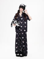 CRAZYGIRL Cat Print Lapel Short Sleeve Women's Skin Friendly Fabric Top & Shorts Sets