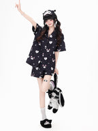 CRAZYGIRL Cat Print Lapel Short Sleeve Women's Skin Friendly Fabric Top & Shorts Sets