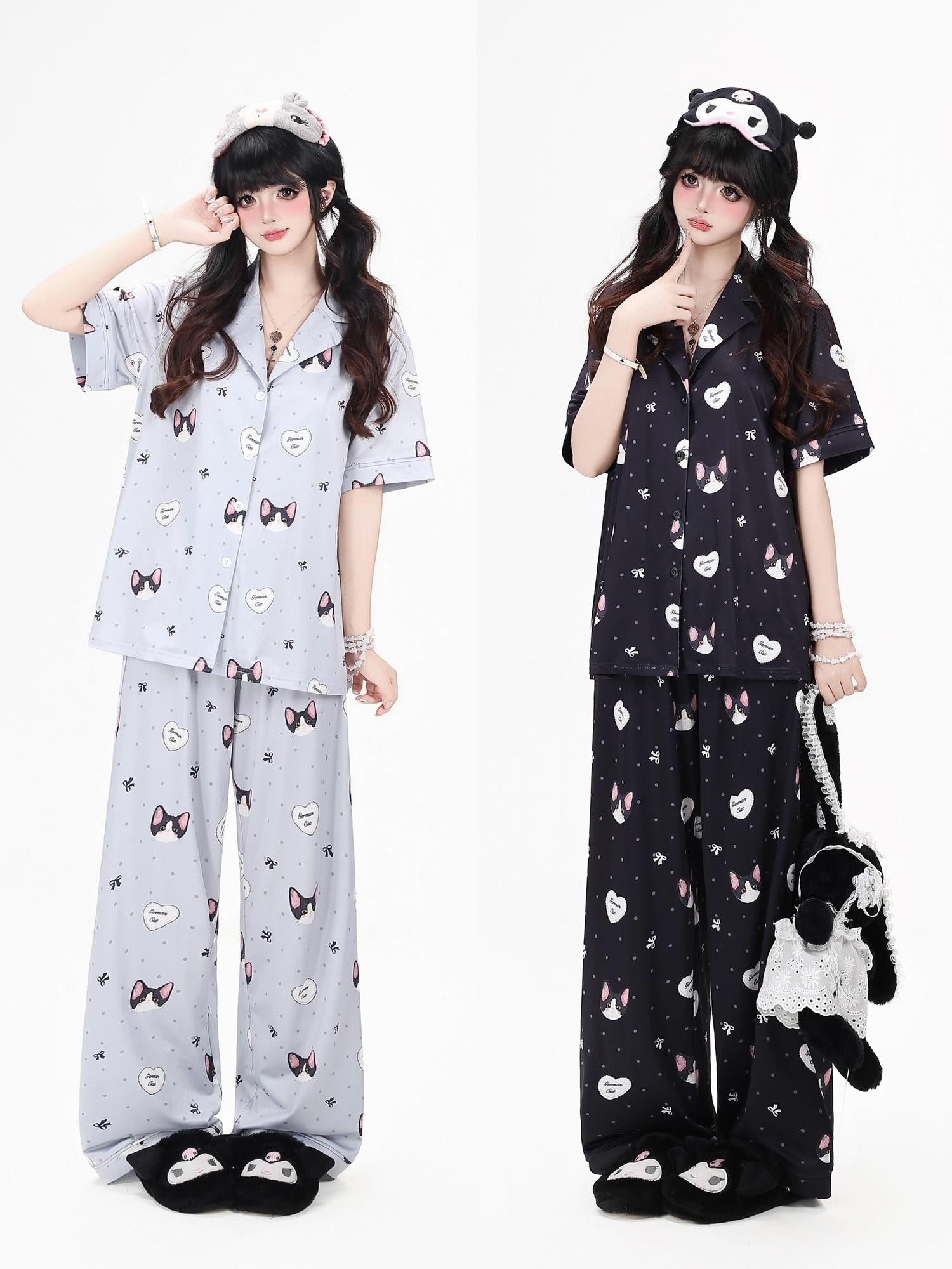 CRAZYGIRL Cat Print Lapel Short Sleeve Women's Skin Friendly Fabric Top & Shorts Sets