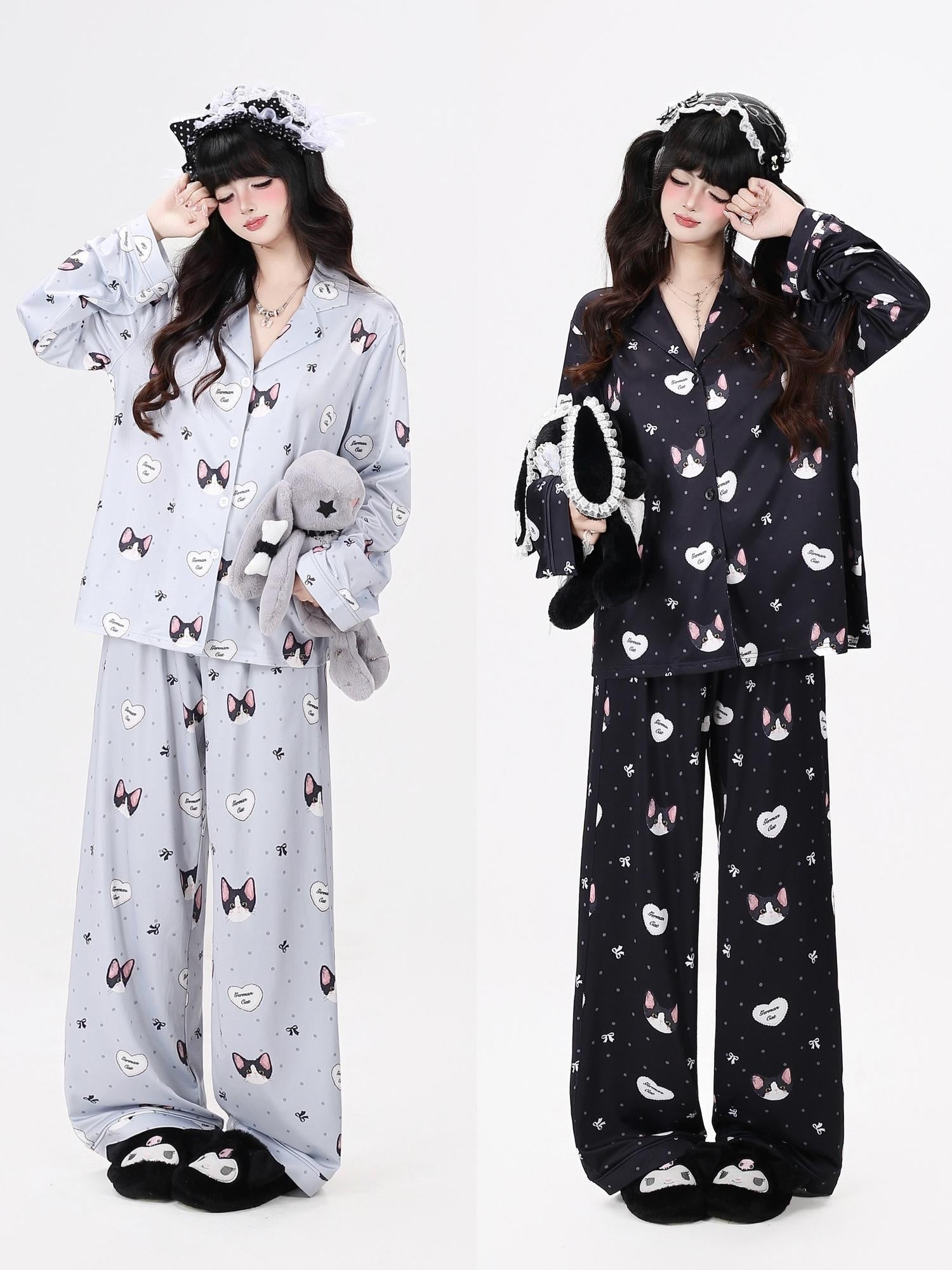 CRAZYGIRL Cat Print Lapel Short Sleeve Women's Skin Friendly Fabric Top & Shorts Sets