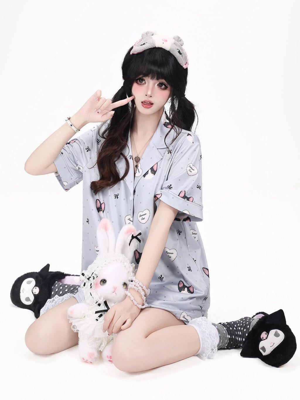 CRAZYGIRL Cat Print Lapel Short Sleeve Women's Skin Friendly Fabric Top & Shorts Sets