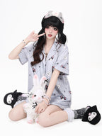 CRAZYGIRL Cat Print Lapel Short Sleeve Women's Skin Friendly Fabric Top & Shorts Sets