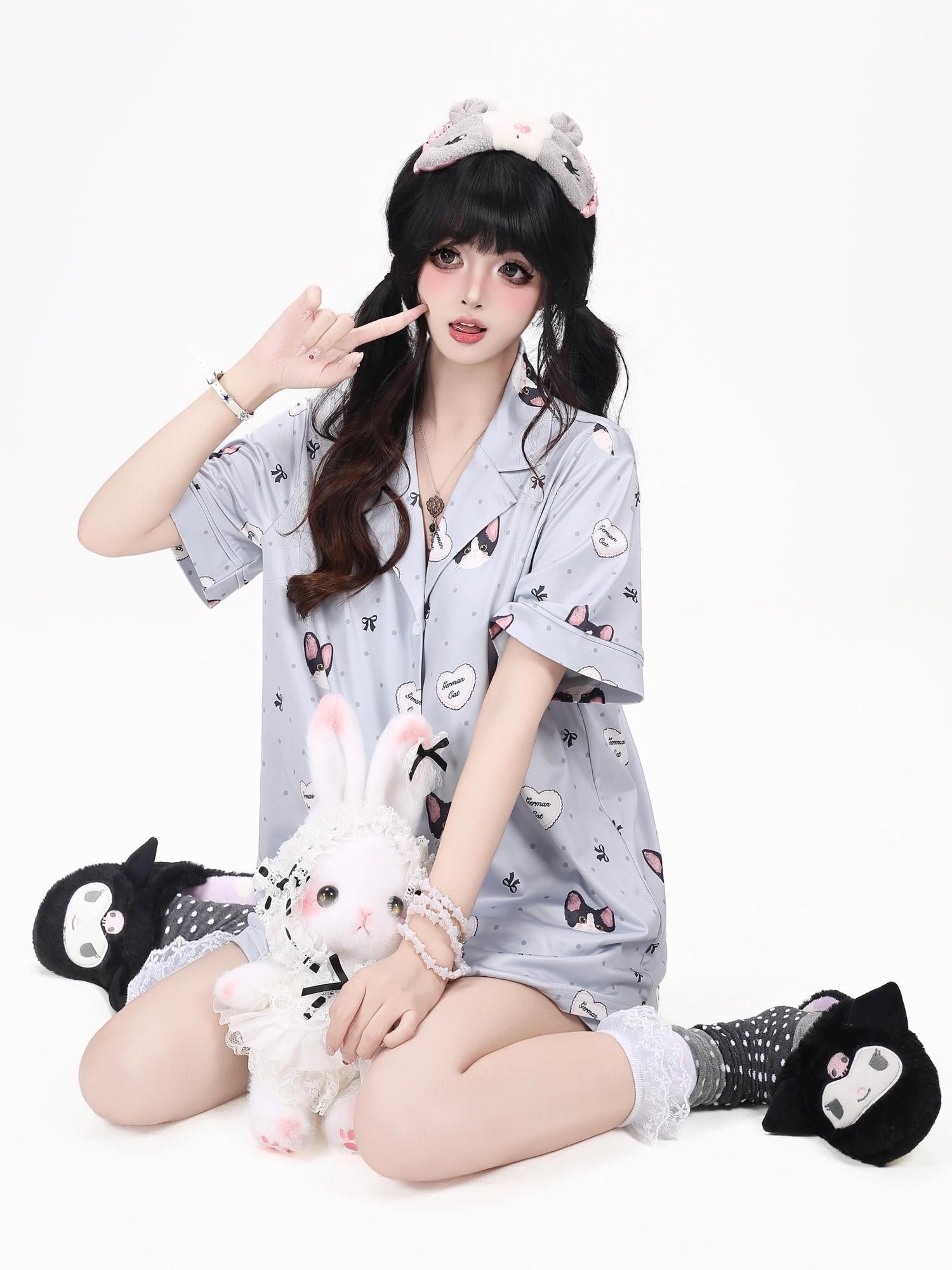 CRAZYGIRL Cat Print Lapel Short Sleeve Women's Skin Friendly Fabric Top & Shorts Sets