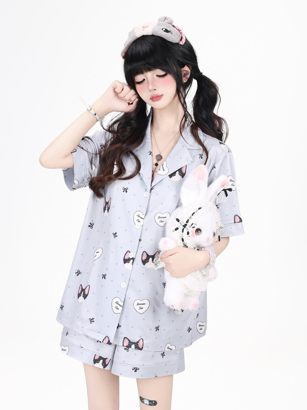 CRAZYGIRL Cat Print Lapel Short Sleeve Women's Skin Friendly Fabric Top & Shorts Sets