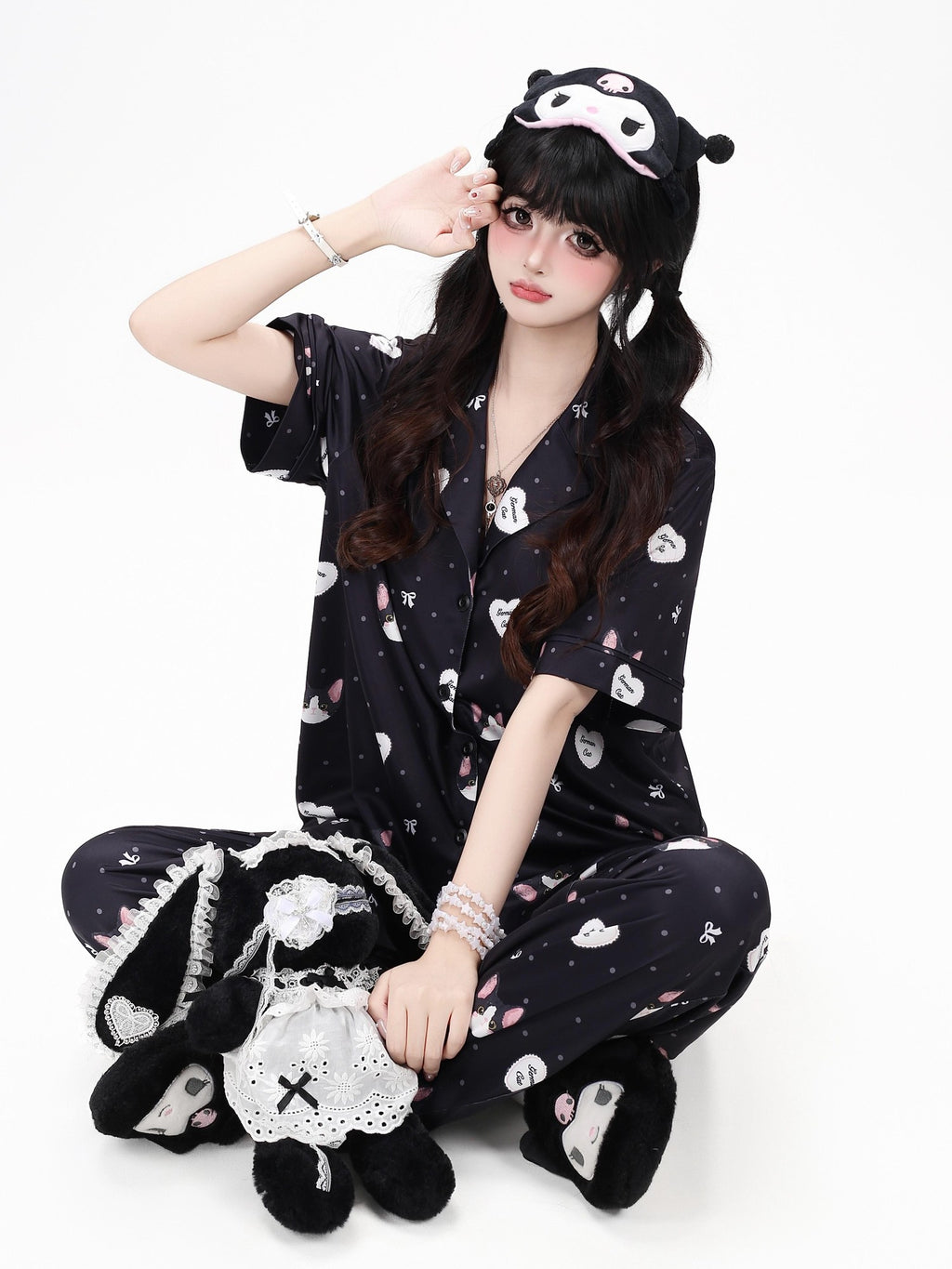 CRAZYGIRL Cat Print Lapel Short Sleeve Women's Skin Friendly Fabric Top & Shorts Sets