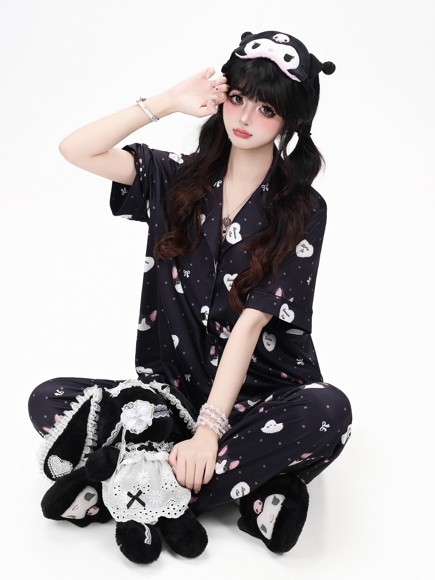 CRAZYGIRL Cat Print Lapel Short Sleeve Women's Skin Friendly Fabric Top & Shorts Sets